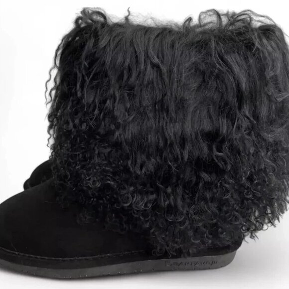 Bearpaw Boo Black Shearling Wool Line Curly Lamb Fur Mongolian Sherpa Boots 7 - Picture 5 of 9